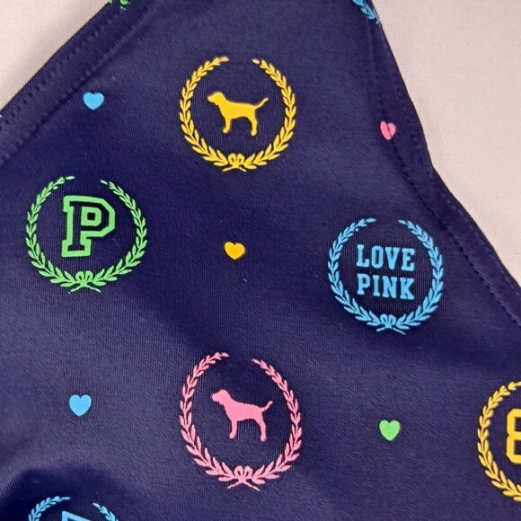 PINK Navy Blue Bikini Top Multi Color Logo Circle/Tie in Center Adj Neck Ties - Picture 4 of 12